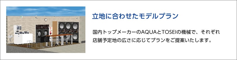 立地に合わせたモデルプラン　国内トップメーカーのAQUAとTOSEIの機械で、それぞれ店舗予定地の広さに応じてプランをご提案いたします。